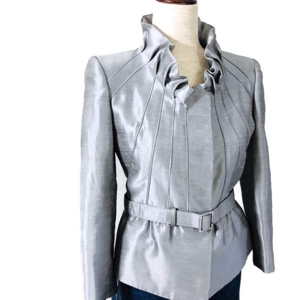 Tahari luxe 2 silver satin blazer with gem belt